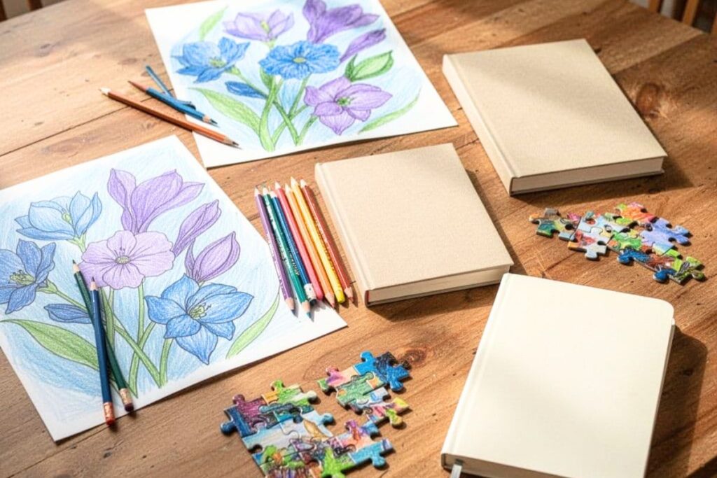Coloring, reading, puzzles and journaling as stress relieving hobbies