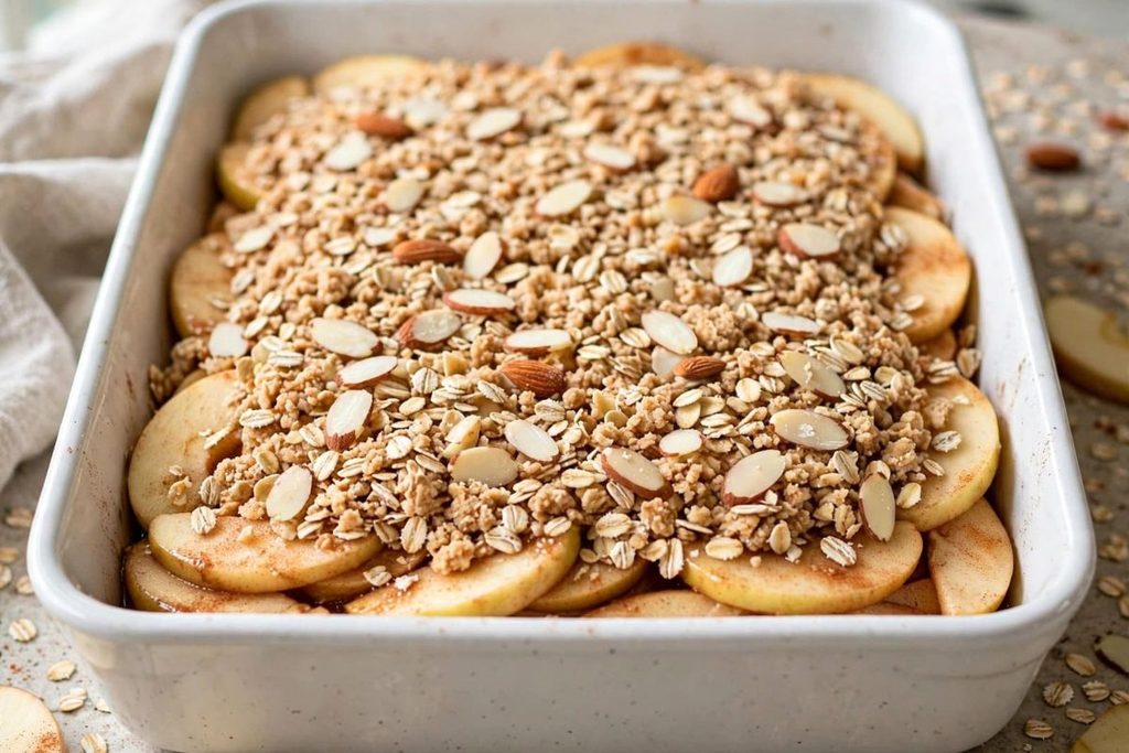 Gluten free apple crisp topped with oats and almonds before baking
