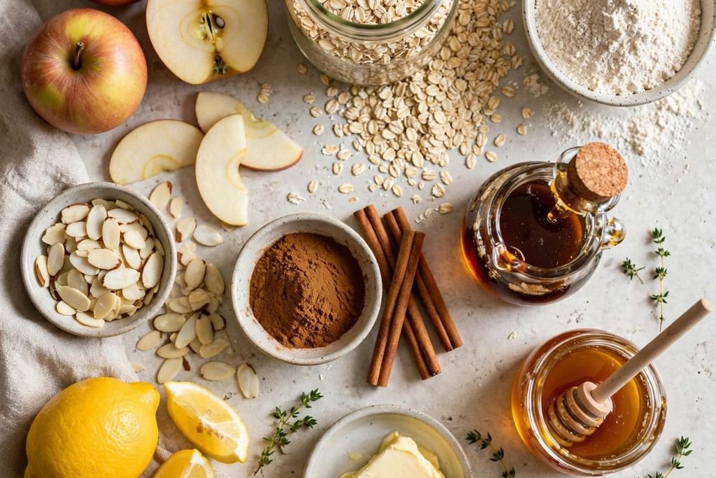 Ingredients for gluten free apple crisp including apples, oats, almond flour and almonds
