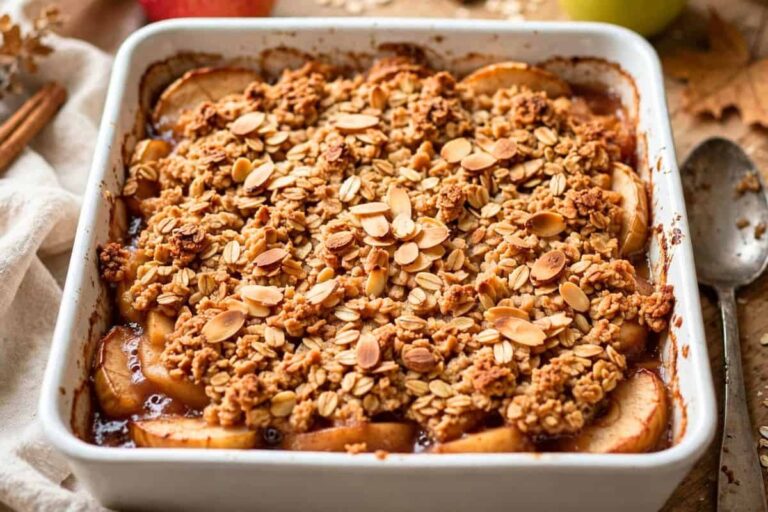 Gluten free apple crisp recipe with a golden oat and almond topping