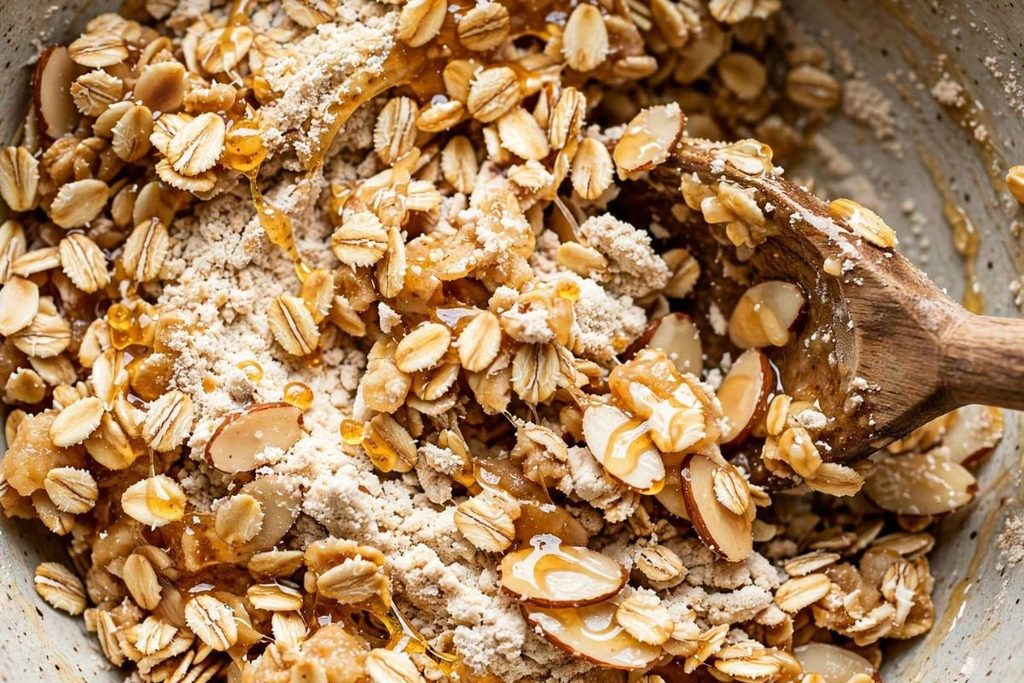 Gluten free apple crisp topping made with oats, almond flour and sliced almonds