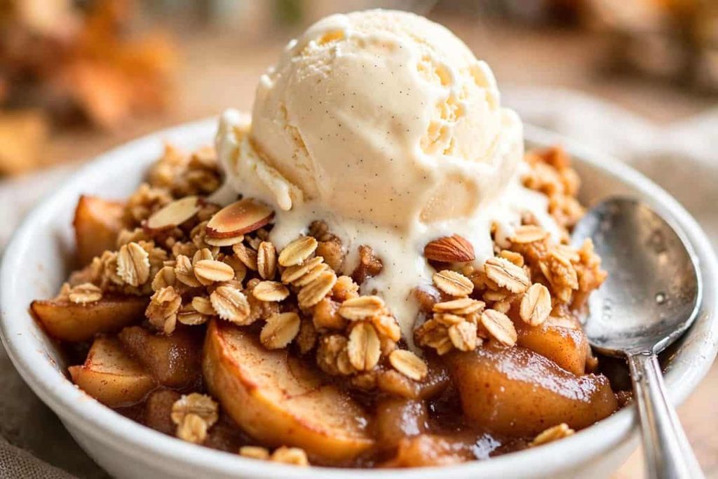 Warm gluten free apple crisp served with a scoop of vanilla bean ice cream