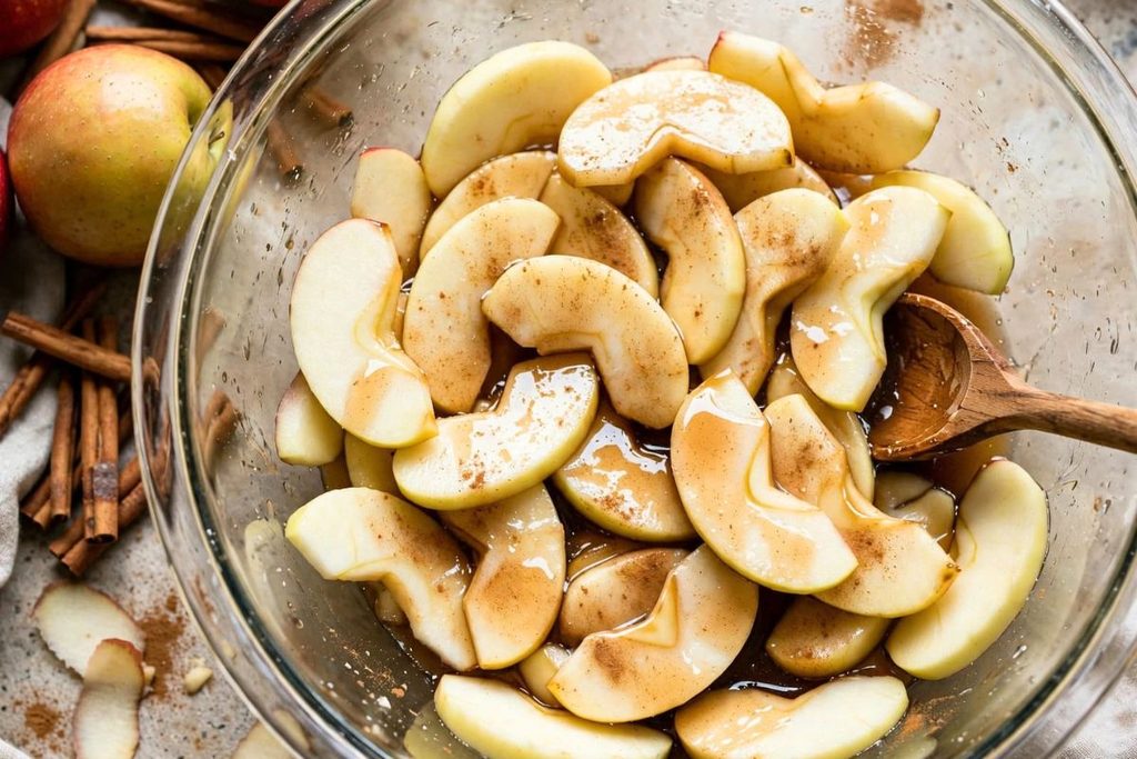 Sliced apples coated with cinnamon and maple syrup for gluten free apple crisp