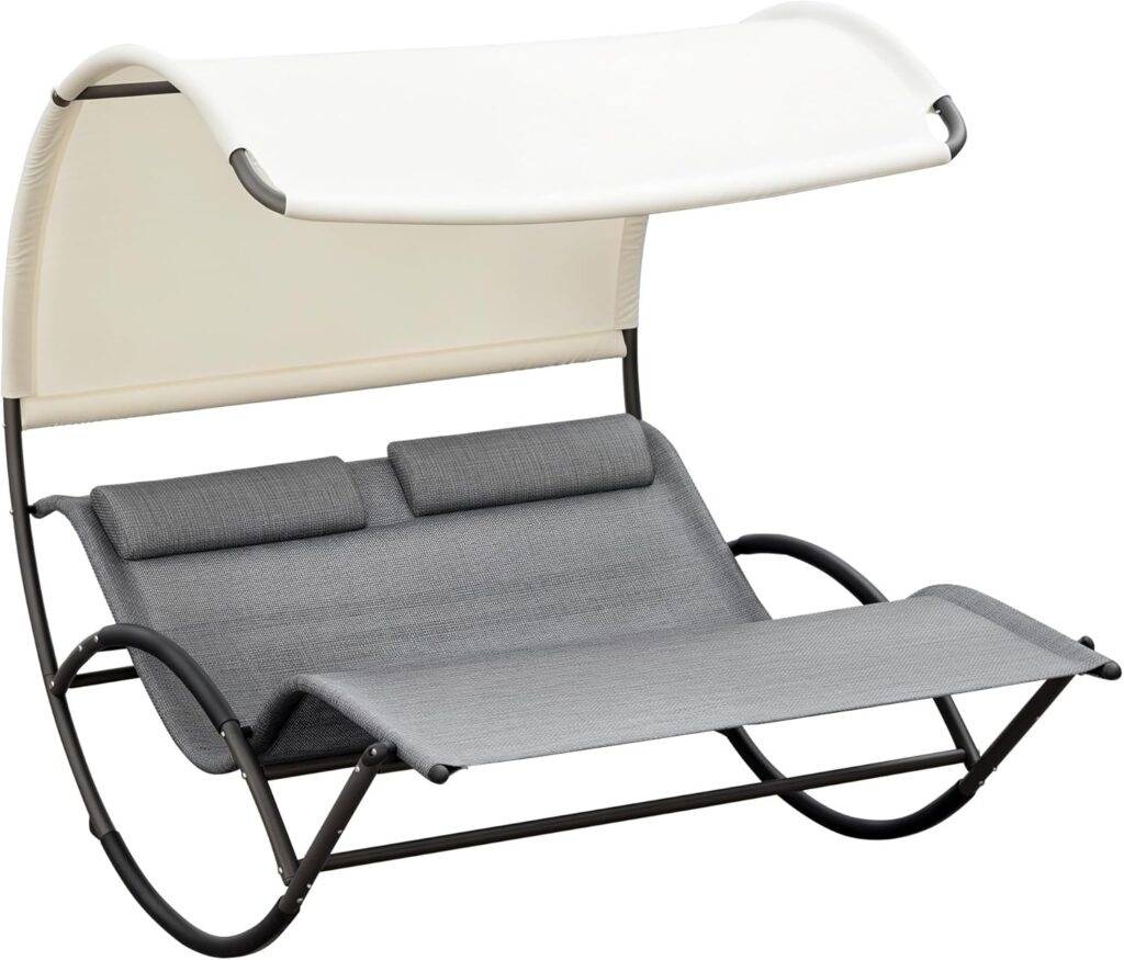 Gray outdoor lounge chair with padded headrests and adjustable canopy, designed for comfortable reclining and sun shade.