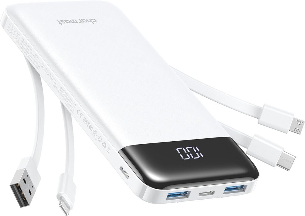White portable power bank with built-in charging cables and digital battery display, showing multiple USB ports on the front.