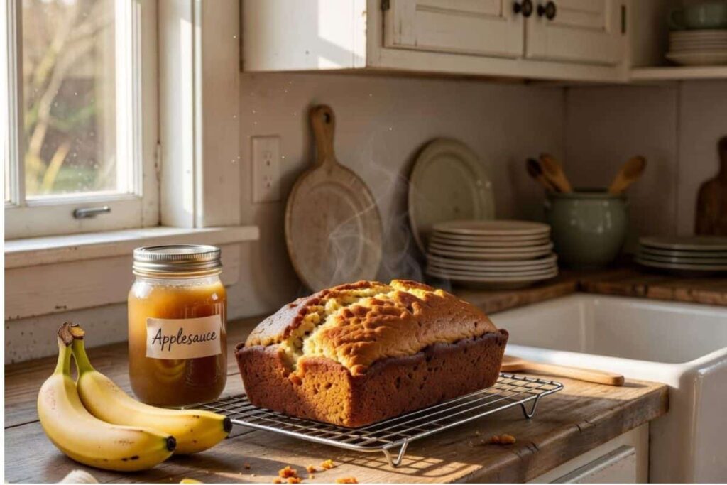 Freshly baked applesauce banana bread cooling on a wire rack