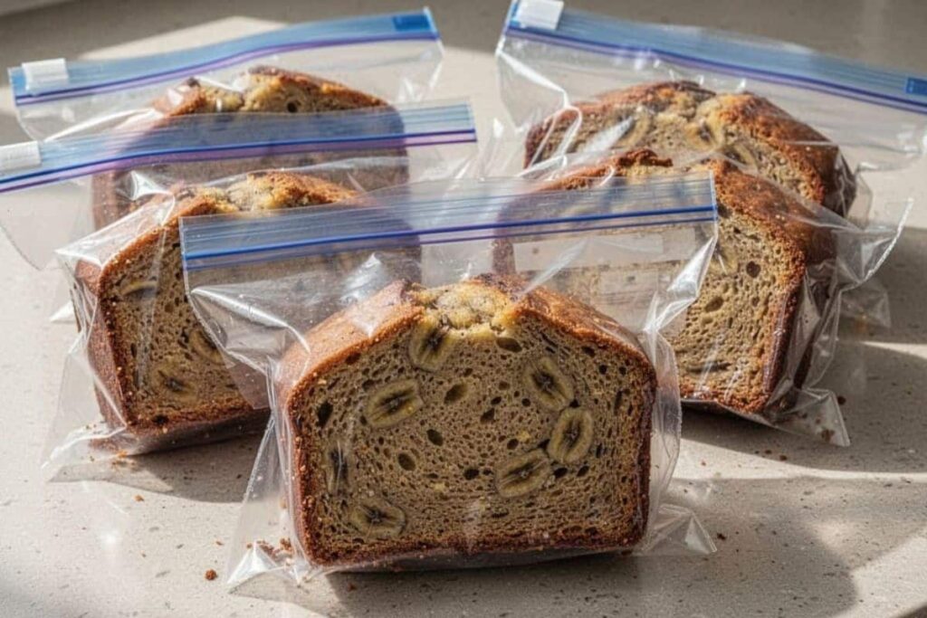 Frozen slices of applesauce banana bread ready for later