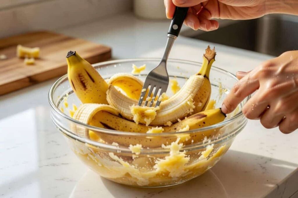 Mashing ripe bananas for applesauce banana bread