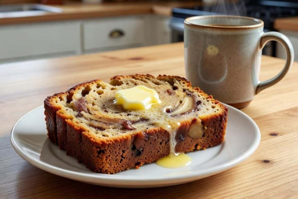 Moist slice of applesauce banana bread served with butter
