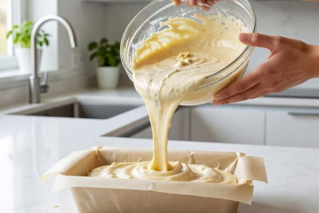Pouring applesauce banana bread batter into a loaf pan