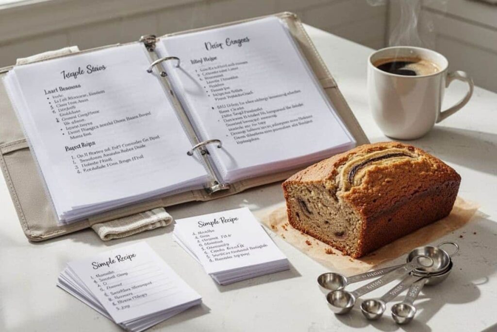 Recipe Collection and Meal Planner printable beside homemade banana bread