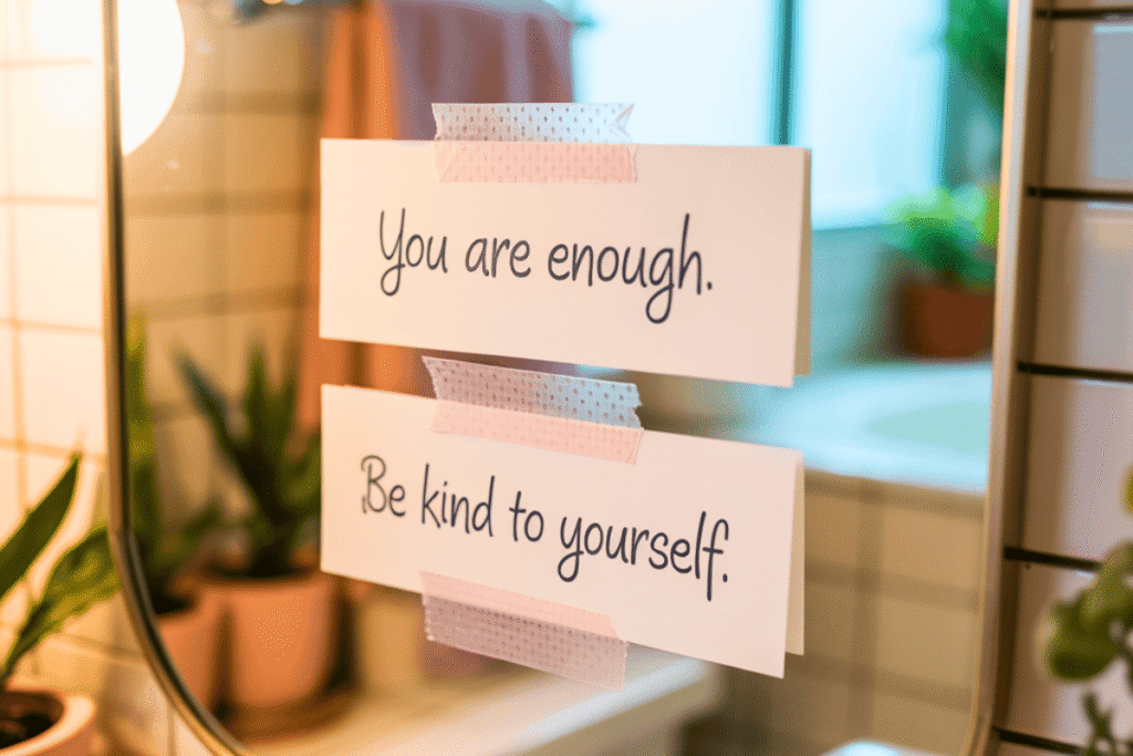 self care affrimations on bathroom mirror