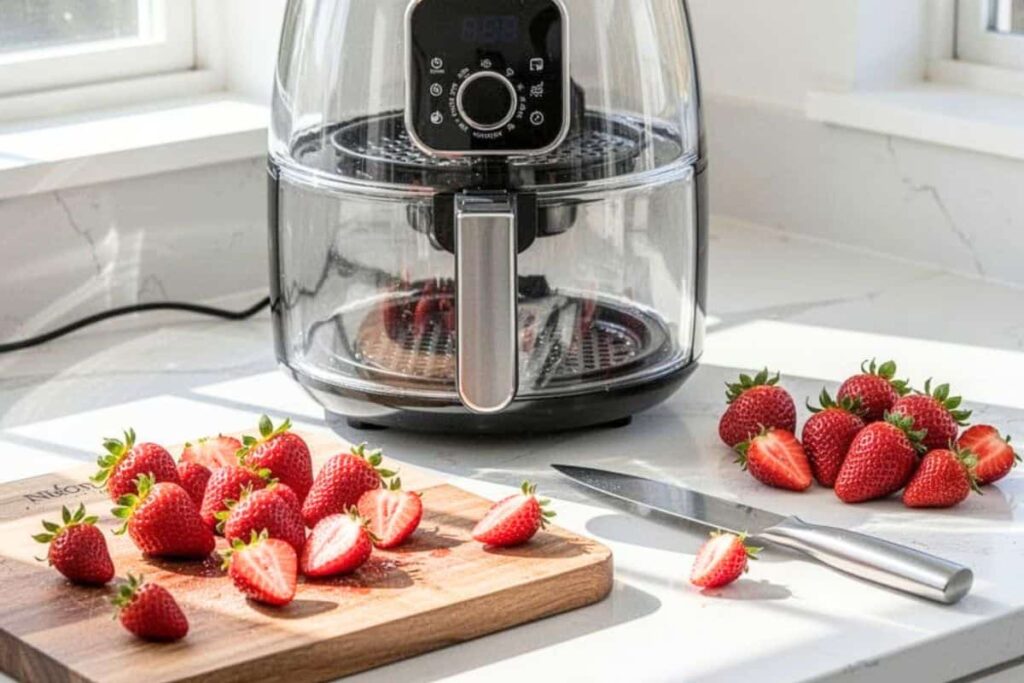 Air fryer and kitchen tools for dehydrating strawberries in an air fryer.