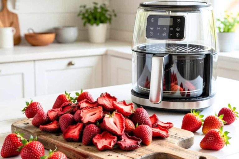 Air fryer strawberries on a wooden cutting board with fresh strawberries and a glass air fryer in a bright kitchen.