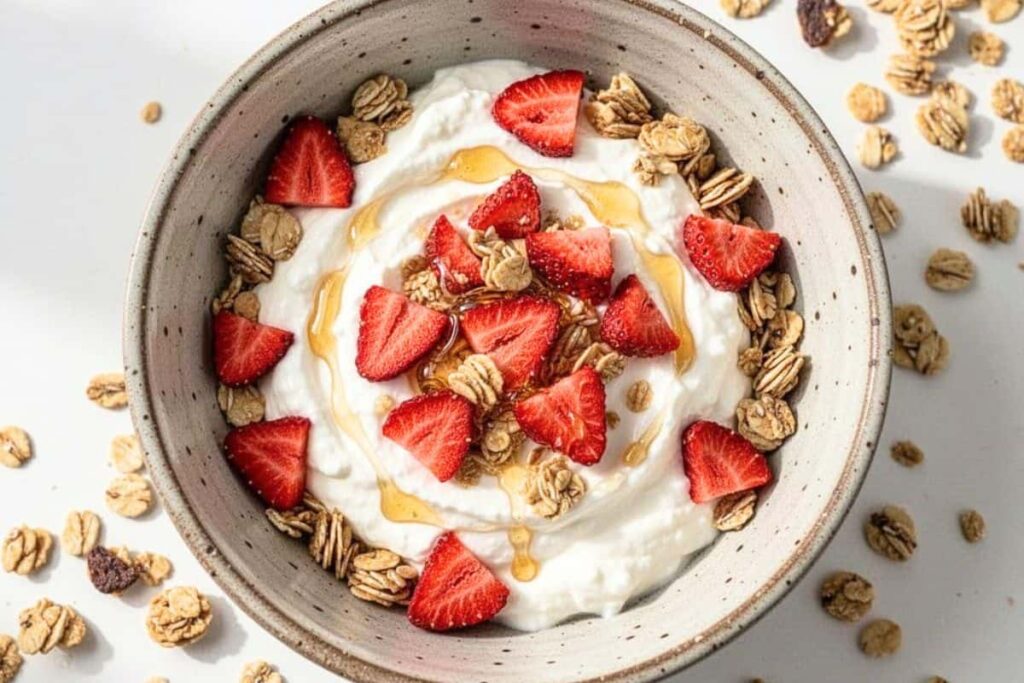 Greek yogurt topped with air fryer strawberries and granola.