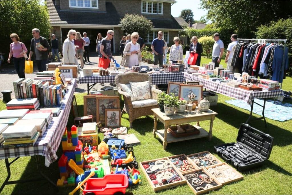 Popular items displayed neatly on tables at a yard sale
