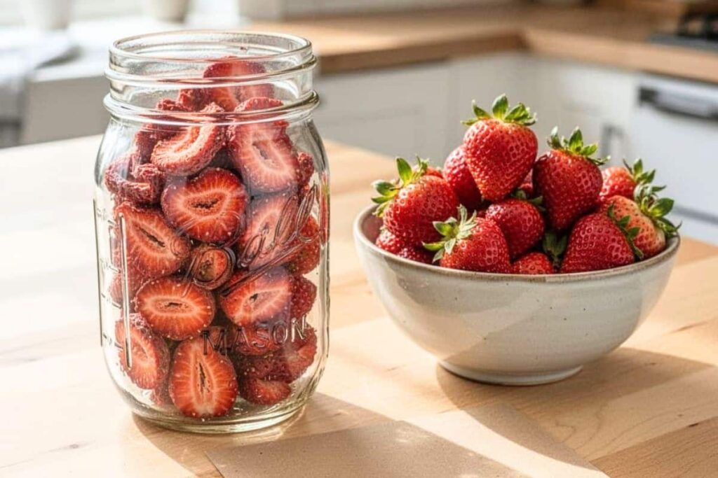 Homemade air fryer strawberries stored in a jar beside fresh strawberries.
