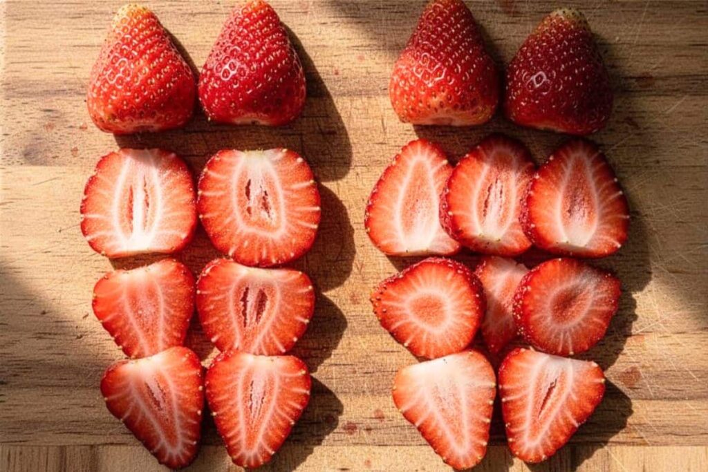 Evenly sliced strawberries for consistent air fryer drying.