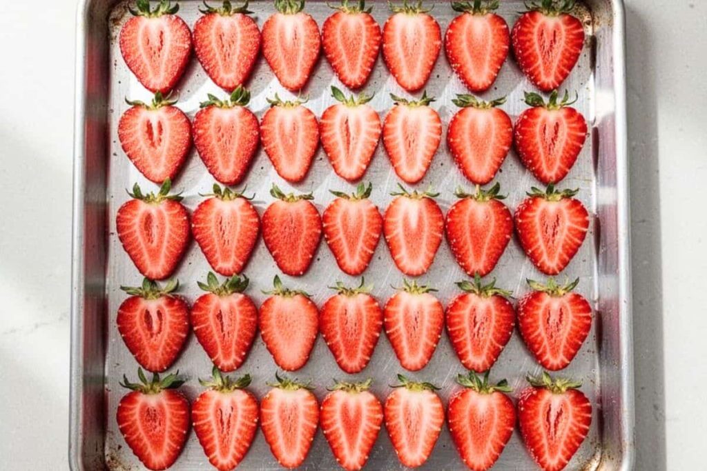 Sliced strawberries arranged on an air fryer tray before dehydrating.