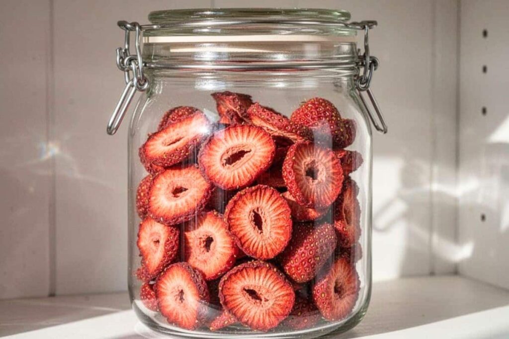 Airtight jar filled with dehydrated air fryer strawberries for storage.