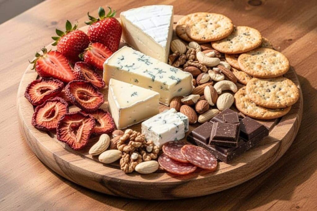 Charcuterie board featuring air fryer strawberries with cheese and nuts.