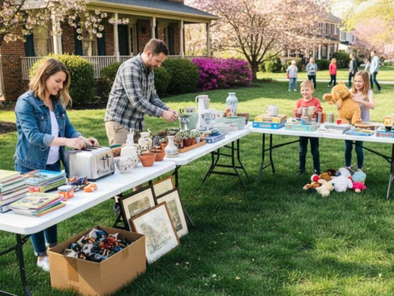 Family setting up a neighborhood yard sale with tables of books, toys, home decor, and household items using practical yard sale tips for a successful sale.