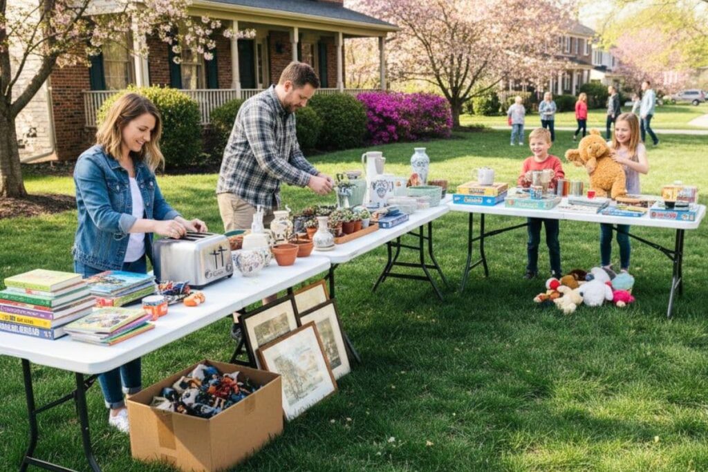 Family setting up tables and organizing items for a successful yard sale