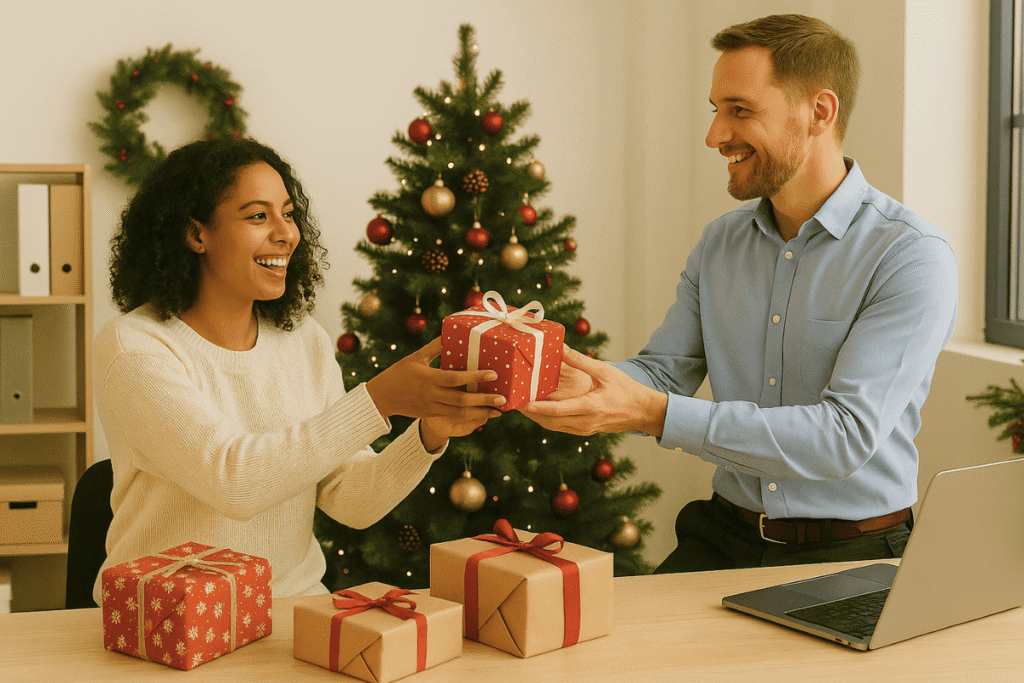 Coworkers exchanging wrapped Secret Santa gifts in a decorated office setting.