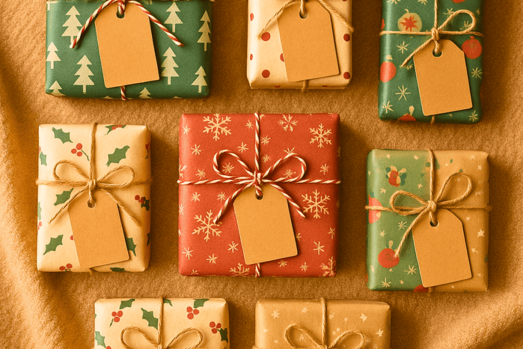 Close-up of printable Secret Santa gift tags cut out and tied onto wrapped holiday presents.