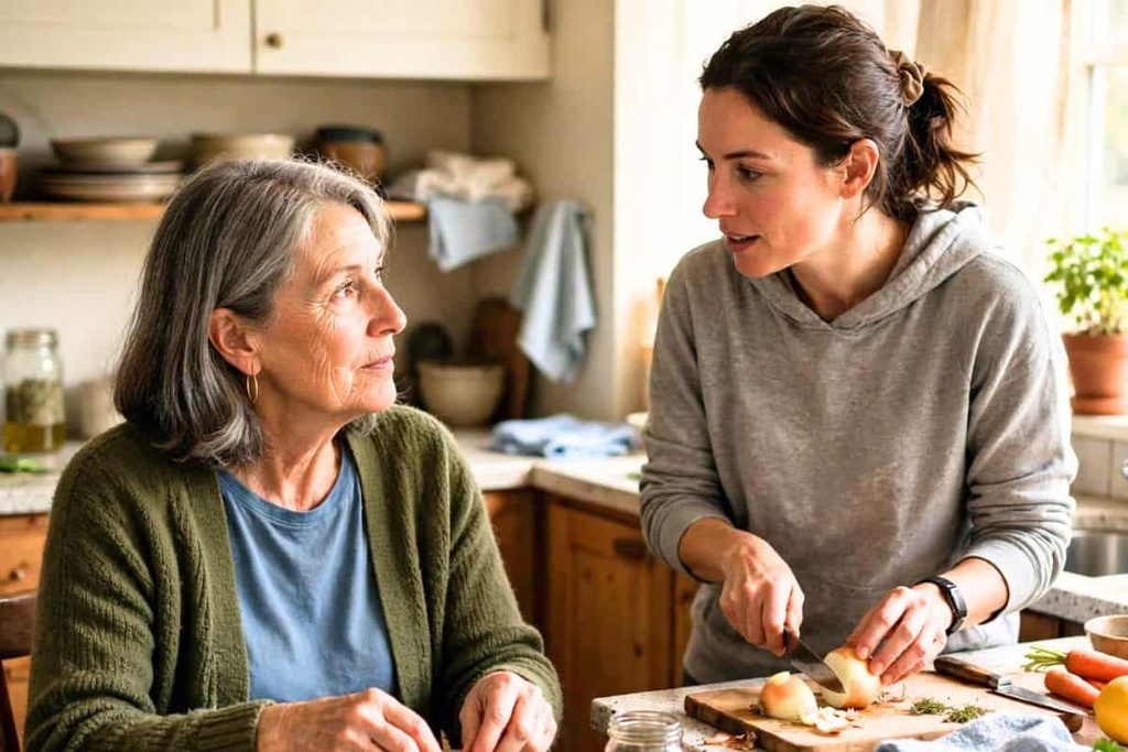 Adult woman and home caregiver preparing a meal together in a kitchen.