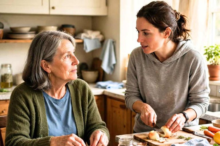 Adult woman and home caregiver preparing a meal together in a kitchen.