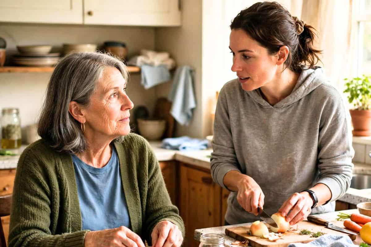 Adult woman and home caregiver preparing a meal together in a kitchen.
