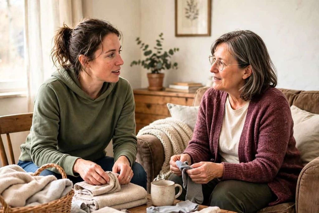 Home caregiver folding towels while a woman seated nearby matches socks.
