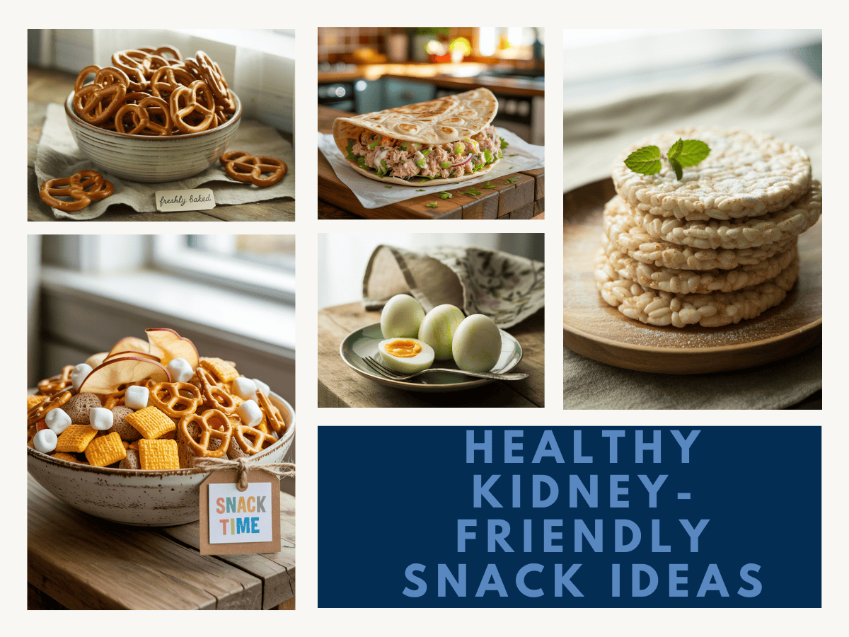 Collage of kidney-friendly snack ideas including pretzels, rice cakes, hard-boiled eggs, tuna wrap, and snack mix.