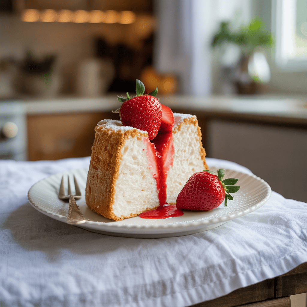 Slice of angel food cake topped with fresh strawberries and strawberry sauce on a white plate in a cozy kitchen setting.