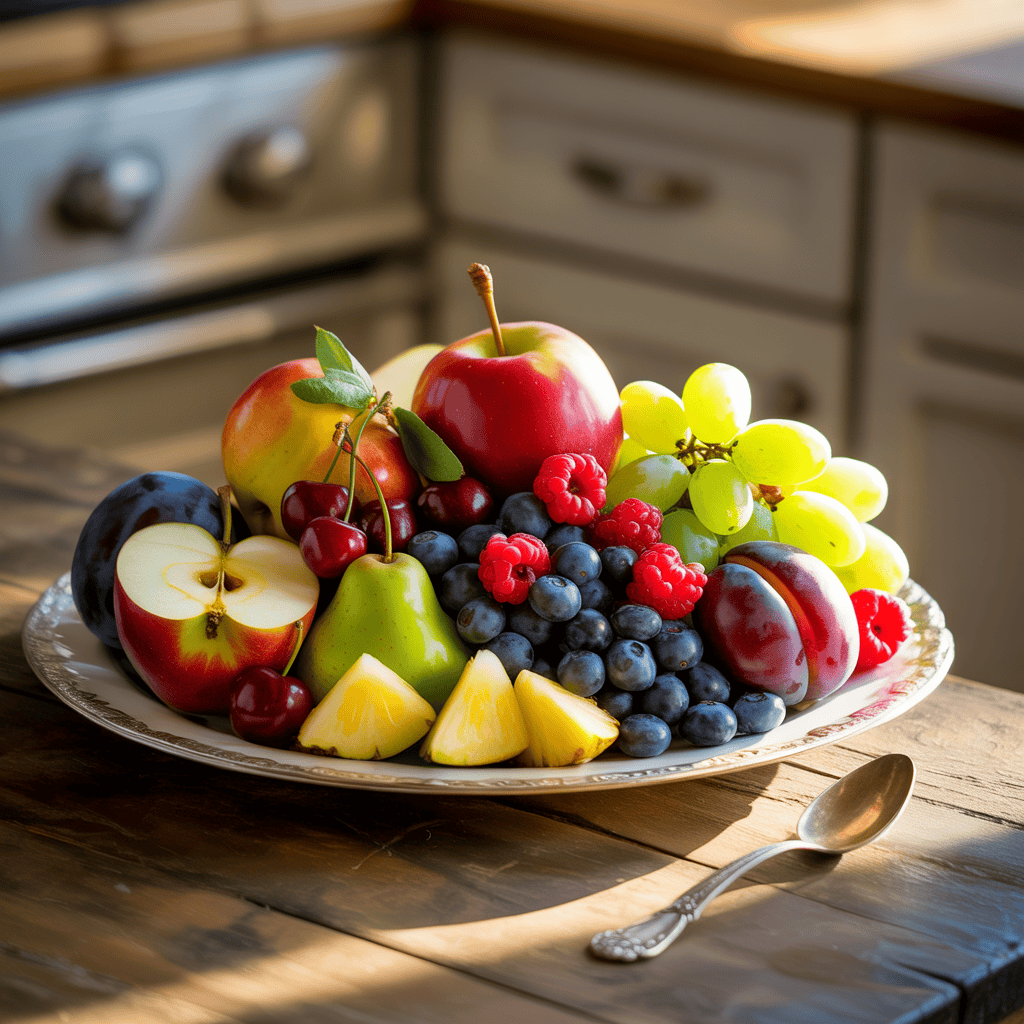 Plate of fresh fruit including apples, grapes, blueberries, raspberries, pears, cherries, plums, and pineapple on a wooden kitchen table.