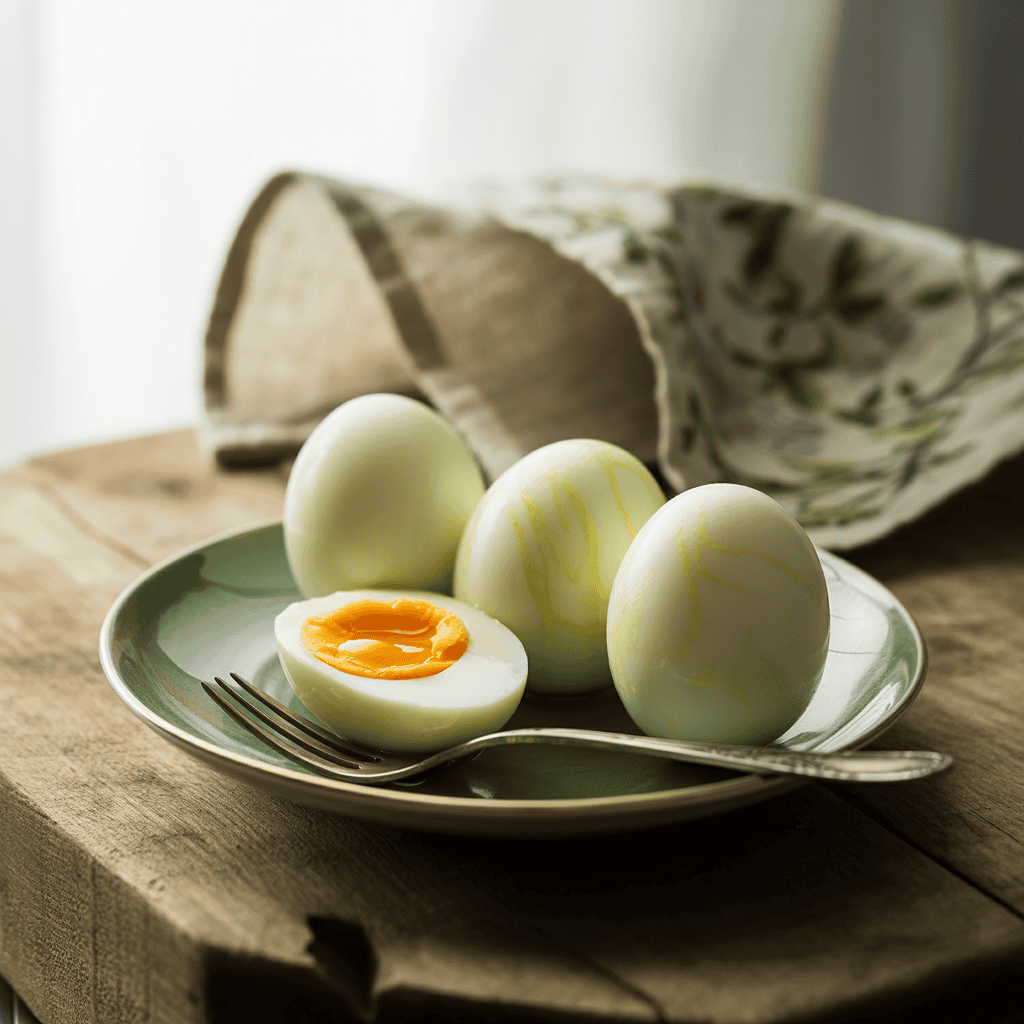 Plate of hard-boiled eggs on a rustic wooden table with one egg sliced open to show the yolk.