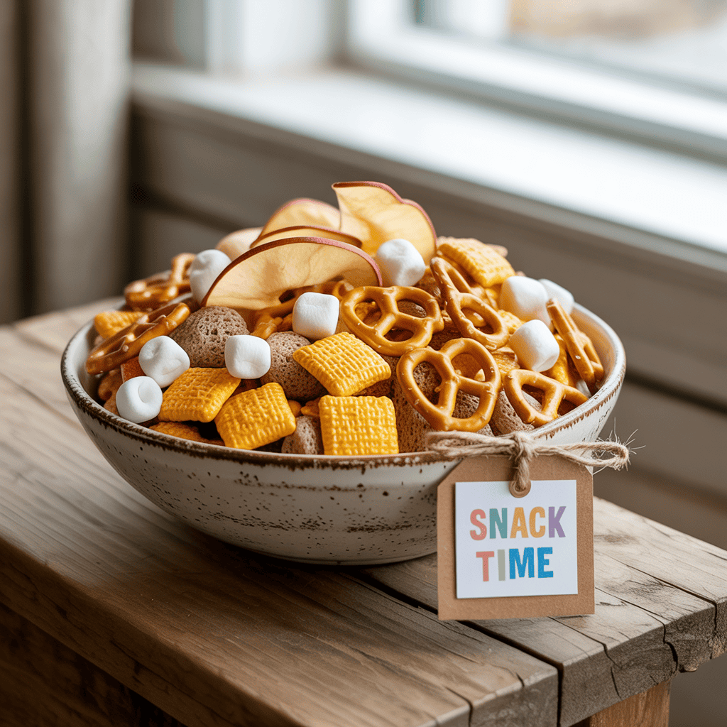 Homemade snack mix with pretzels, cereal squares, marshmallows, and dried apple slices in a bowl on a wooden table with a “Snack Time” tag.