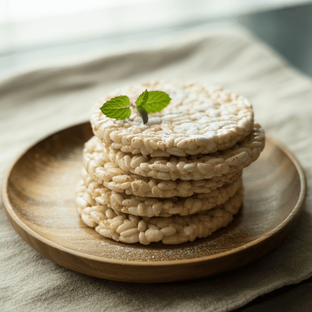 Stack of plain rice cakes on a wooden plate with a small mint garnish on top.
