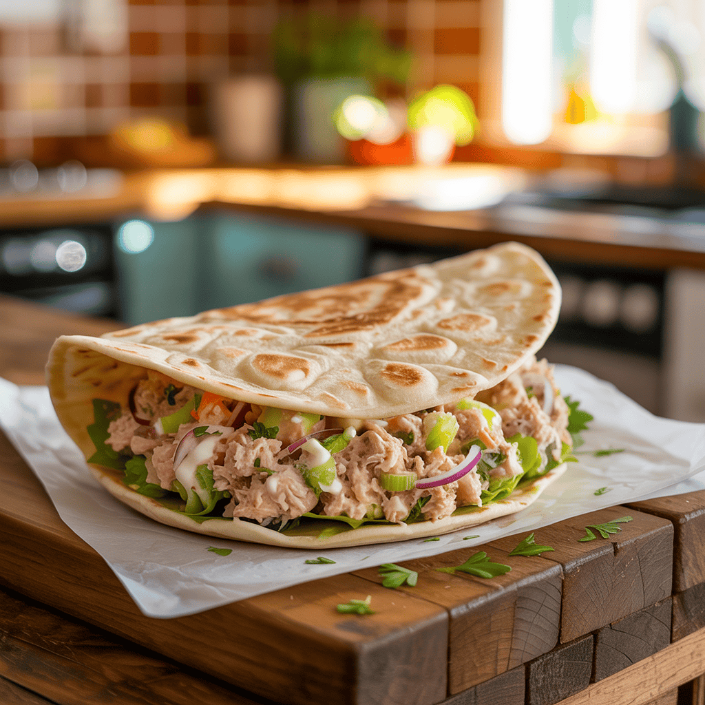 Tuna salad wrap with lettuce, celery, onions, and creamy dressing folded inside a soft tortilla on a wooden kitchen counter.