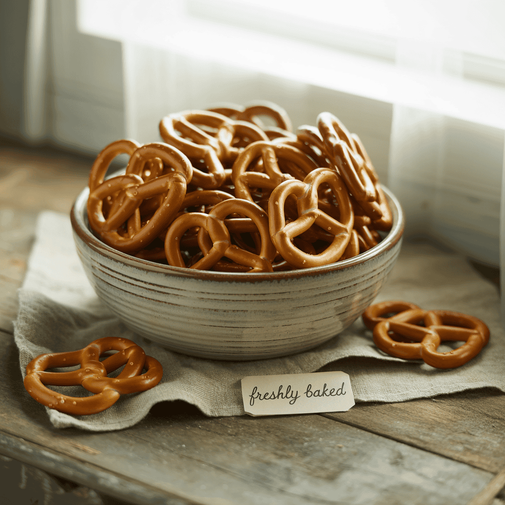 Bowl of pretzels on a rustic wooden table with a small tag that reads “freshly baked.”