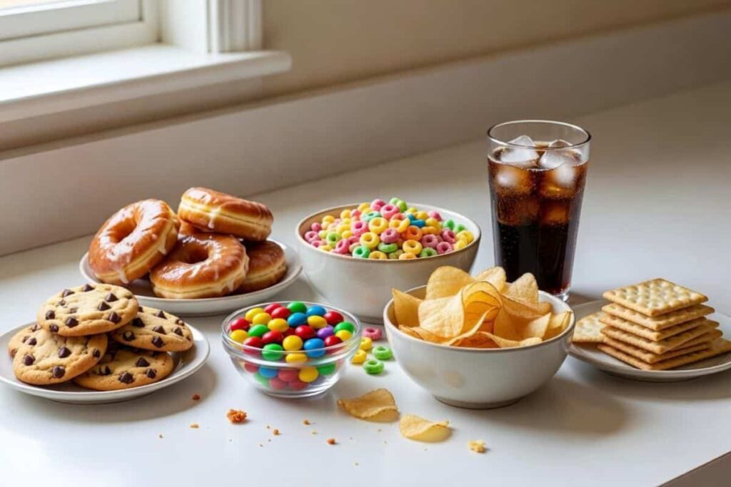 Foods high in added sugar and processed snacks arranged on a kitchen counter