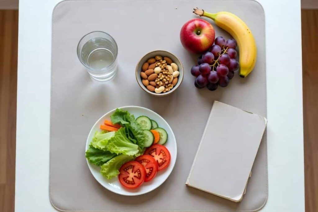 Simple balanced meal with fruit, vegetables, nuts, and water