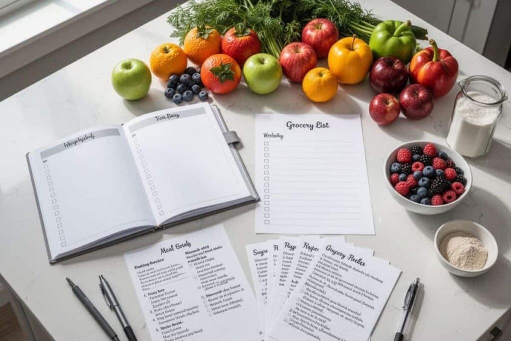 Simple meal planning setup with fresh foods and grocery planning supplies