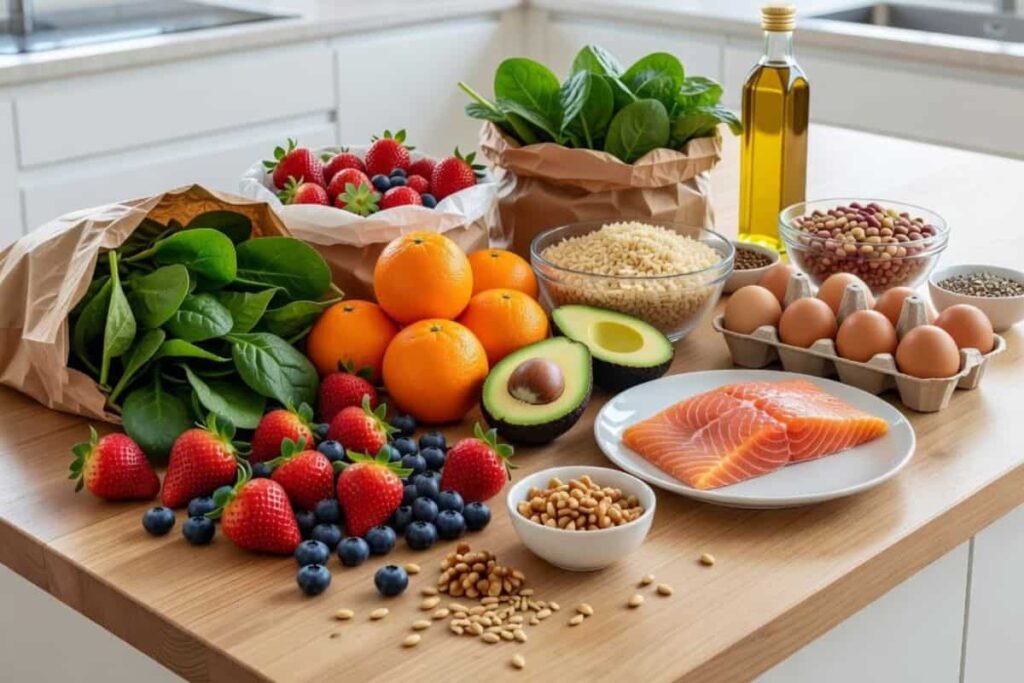 Fruits, vegetables, salmon, whole grains, beans, nuts, and healthy fats