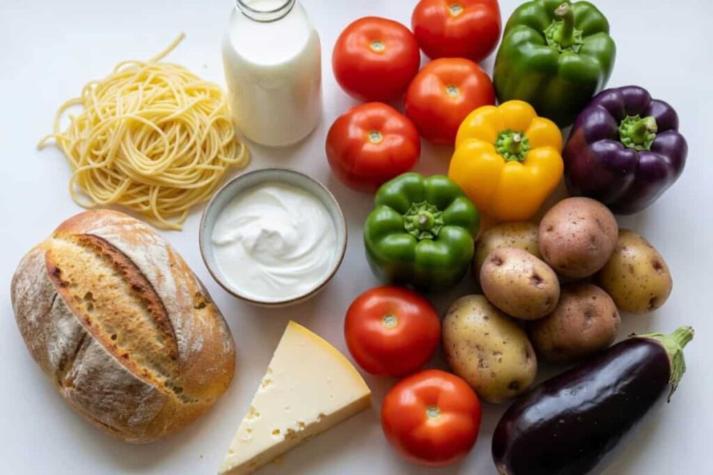 Bread, dairy products, tomatoes, peppers, potatoes, and eggplant on a kitchen counter