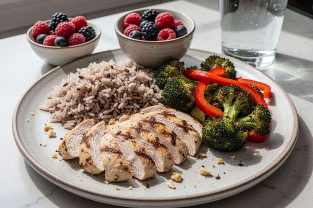 Simple balanced dinner with chicken, vegetables, whole grains, and fruit
