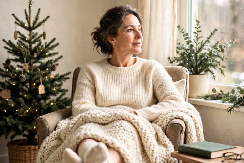 Woman resting in an armchair with her feet on an ottoman near a Christmas tree.