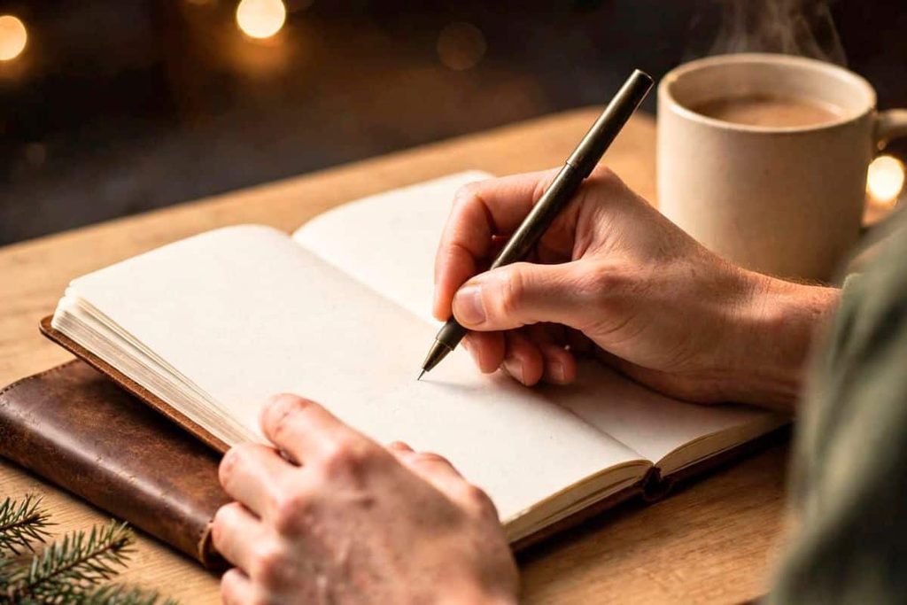 Person writing in a journal beside a warm mug with Christmas lights in the background.
