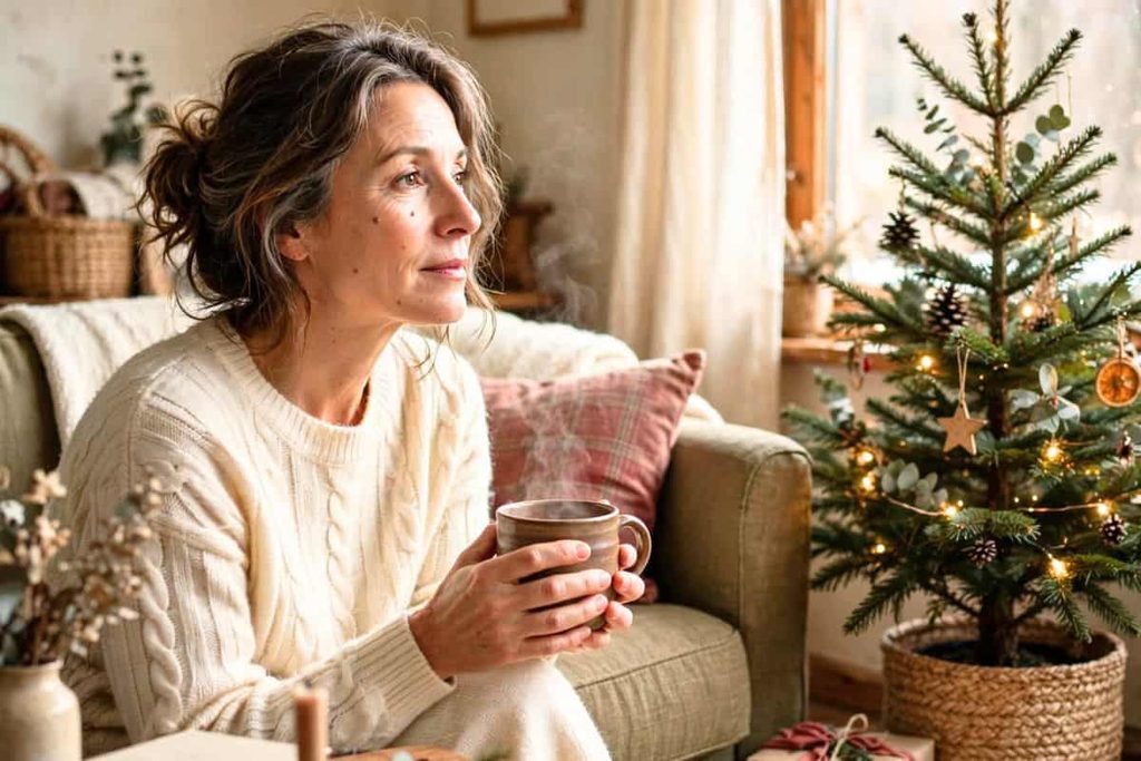 Woman holding a warm mug on a sofa beside a small Christmas tree.